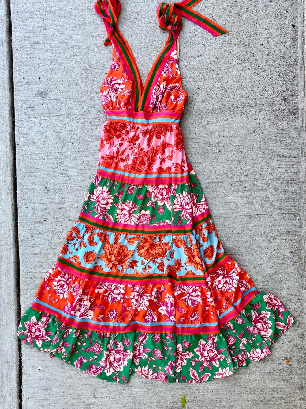 VICI Colorful Floral Striped Tiered Halter Maxi Dress